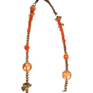 Fashion Costume Necklace Orange Green Gold Beads Shells Jewelry Beachy Artisan